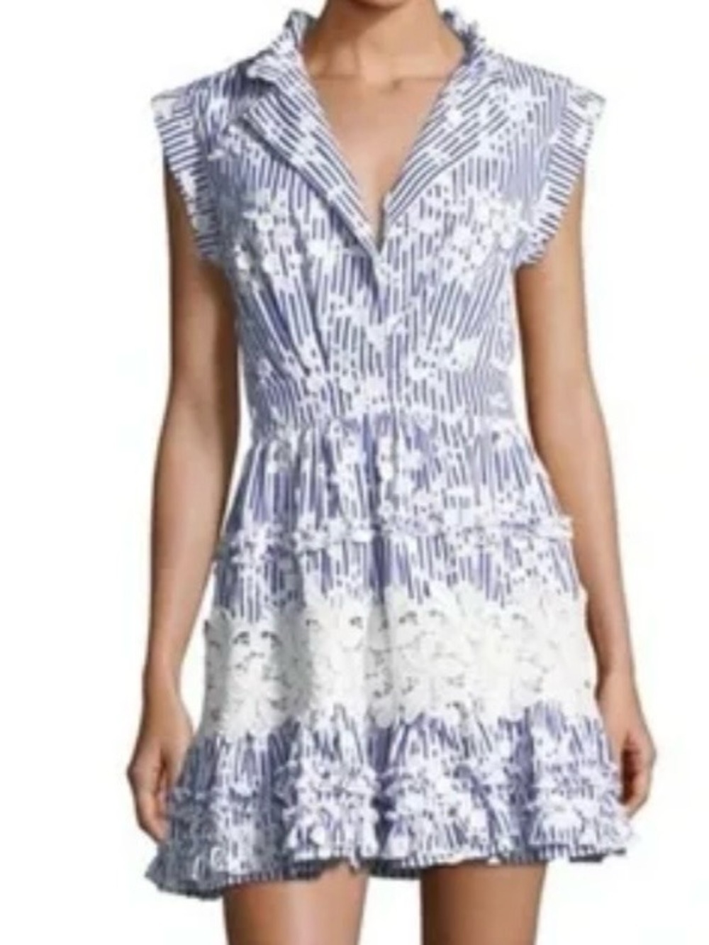 Alexis Olya Striped
Embroidered Mini Dress Blue White Ruffles Sleeveless Brunch